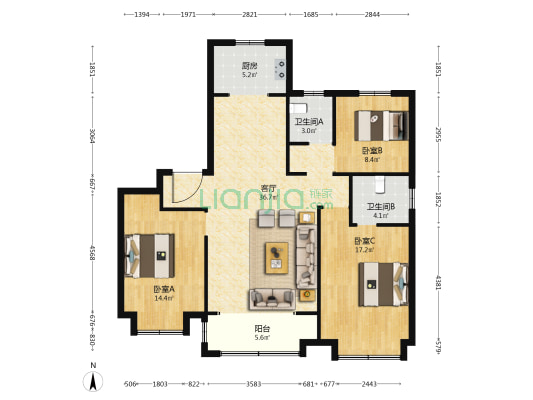 禹洲樾湖 3室1厅2卫 134平方