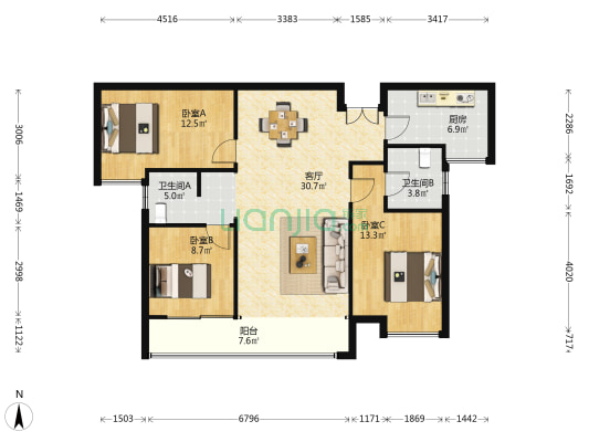 湘域芯城1期 3室1厅2卫 119平方