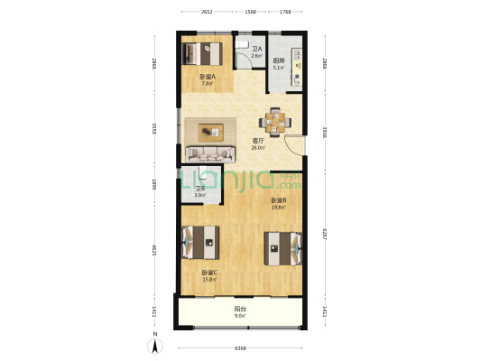 绿城通山郡三区 3室1厅2卫 122平方