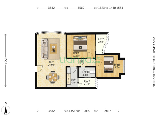 阳光100 2室1厅1卫 77平方
