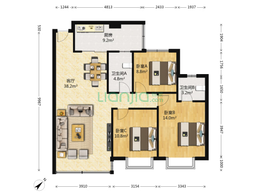 云山花园 3室1厅2卫 110平方
