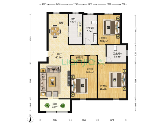 茶庵小区B 3室1厅2卫 139平方