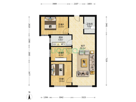 高铁新干线 3室2厅 南-户型图