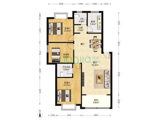 啤酒厂小区 3室1厅2卫 106平方