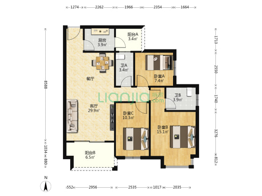 桐城国际 3室1厅2卫 110平方