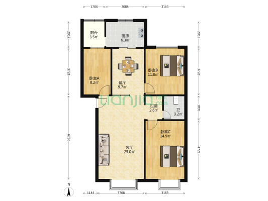 机电裕海小区南区 3室2厅1卫 103平方