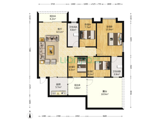 豪雅苑 4室1厅2卫 106平方
