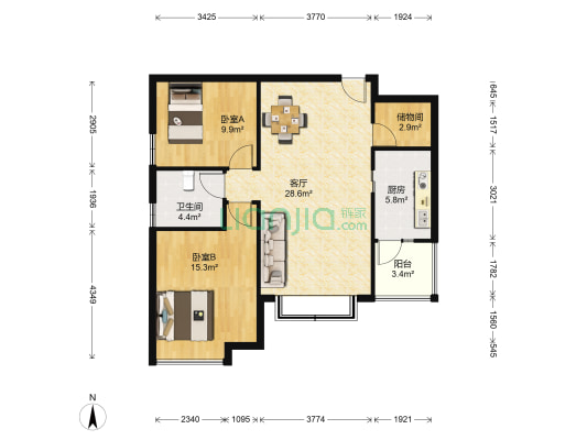 天籁 2室1厅1卫 90平方