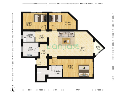 尊悦光华 3室1厅2卫 135平方