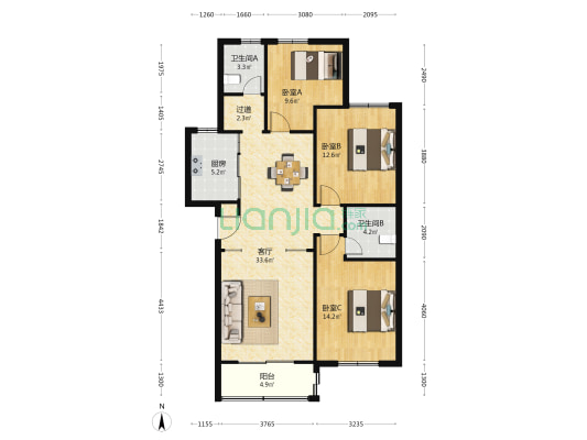 西美花苑二期 3室1厅2卫 108平方
