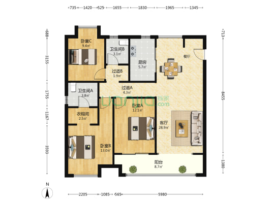莫奈公馆A区 3室1厅2卫 119平方