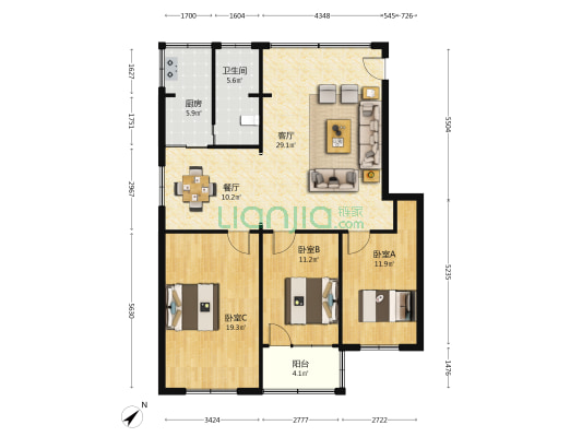 茶叶大院 3室2厅1卫 105平方