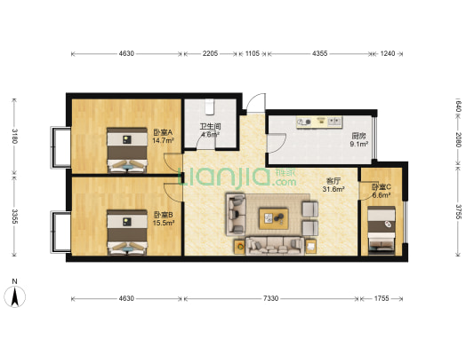 信美家园 3室1厅1卫 113平方