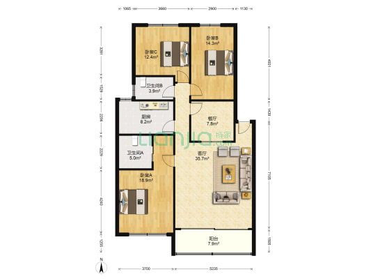 梅墅水庄北区 3室2厅2卫 135平方