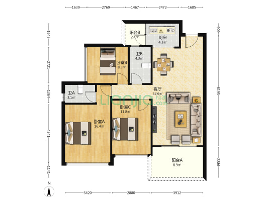 昇航丹堤 3室1厅2卫 106平方