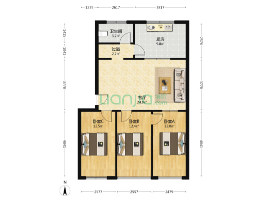 日报社宿舍 3室1厅1卫 100平方