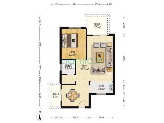 普达阳光康和北苑 1室1厅1卫 87平方