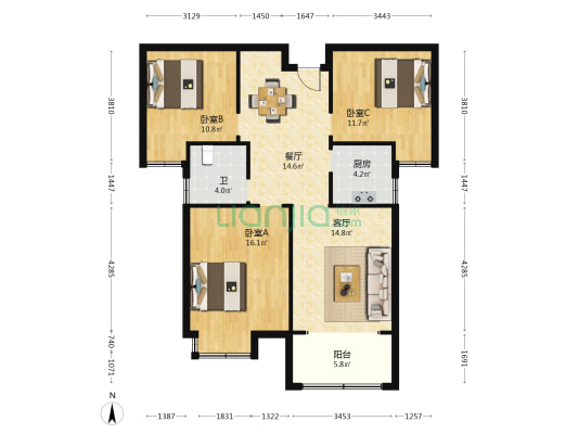 锦绣家园 3室2厅1卫 108平方