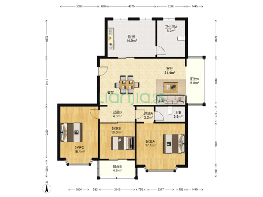 名都苑北区 3室1厅2卫 154平方