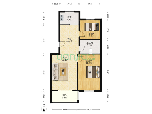 房子本满二，南北通透两居精装两居-户型图