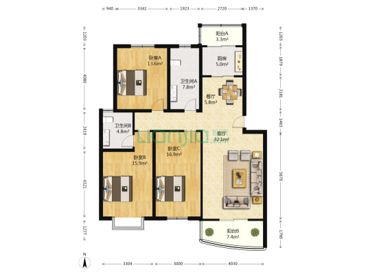 温馨家园 3室2厅2卫 136平方