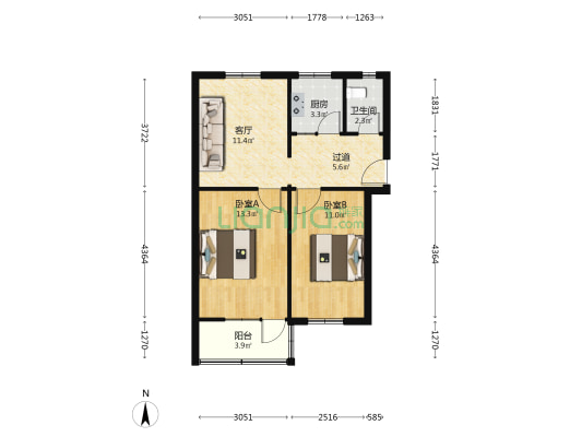 煤气制气小区 2室1厅1卫 64平方