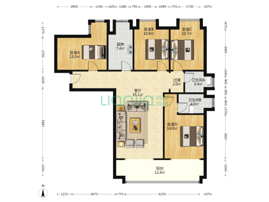 凤城国贸中心 4室1厅2卫 120平方
