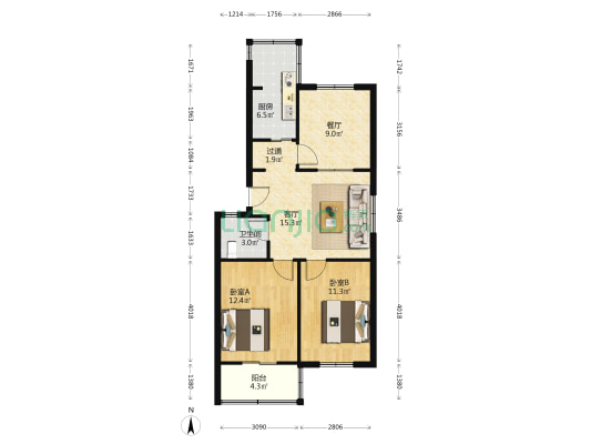 勤居苑东区 2室2厅1卫 80平方