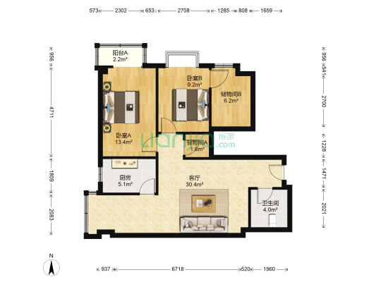 盛龙广场太白苑 2室1厅1卫 91平方