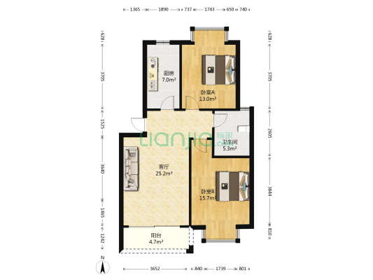 太陽公寓 2室1厅1卫 84平方
