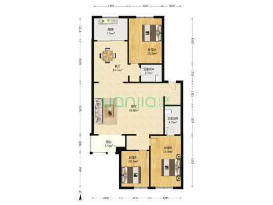 东方花园 3室2厅2卫 145平方