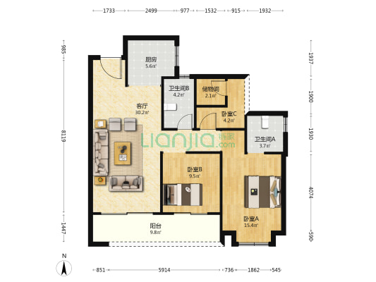 长沙北中心保利时代F区 3室1厅2卫 108平方