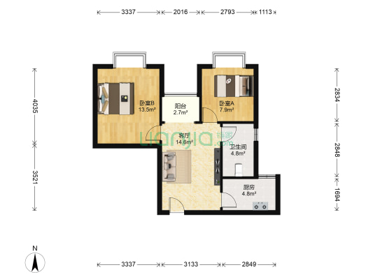 康桥边的院子 2室1厅1卫 66平方