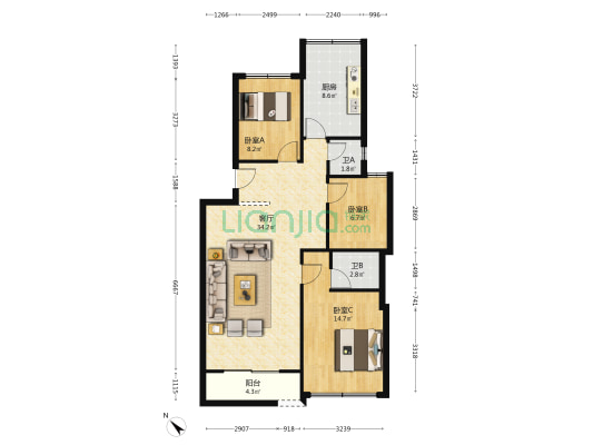 滨江苑 3室1厅2卫 99平方