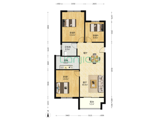 西楹水岸 3室1厅1卫 101平方