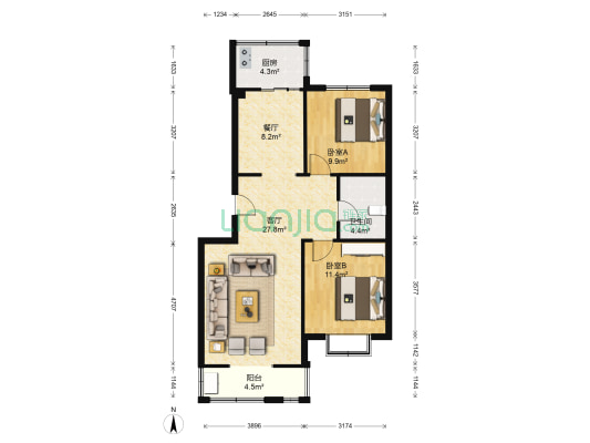 荷花家园小区 2室2厅1卫 88平方