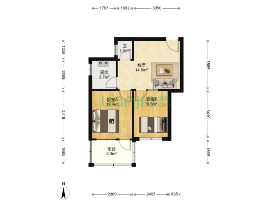 杆南小区 2室1厅1卫 53平方