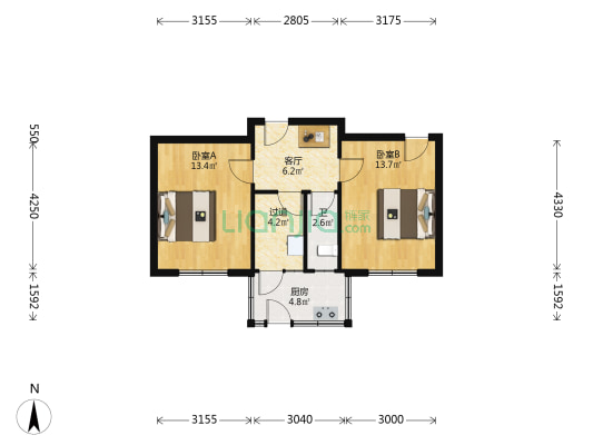 电大街66-55号 2室1厅1卫 48平方