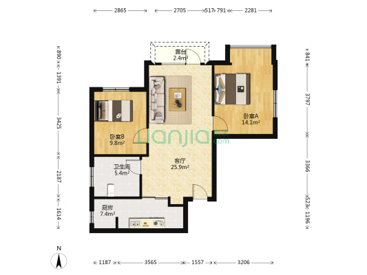 中海英伦观邸 2室1厅1卫 82平方