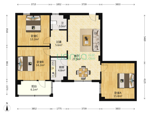 麒麟东街宿舍(麒麟东街53-77号单号) 3室1厅1卫 107平方