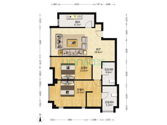 日坛国际公寓 2室1厅2卫 114平方