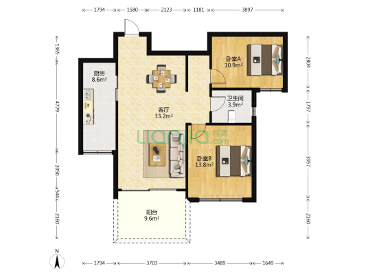 金色港湾(永康) 2室1厅1卫 97平方
