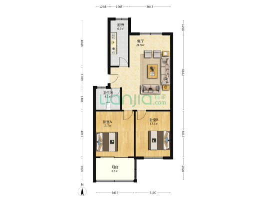 辛甸花园 2室1厅1卫 91平方