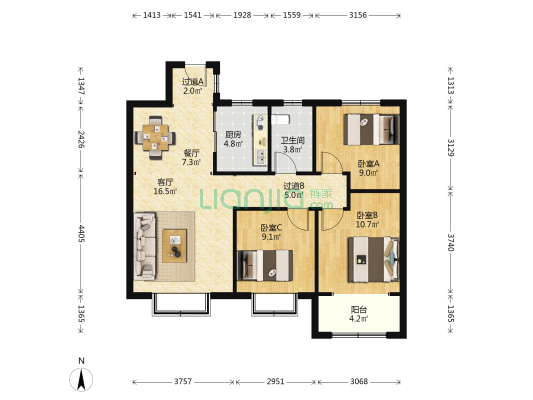 开元盛世裕园一期 3室2厅1卫 105平方