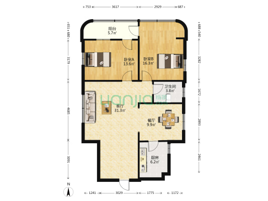 海港宿舍西区 2室2厅1卫 90平方
