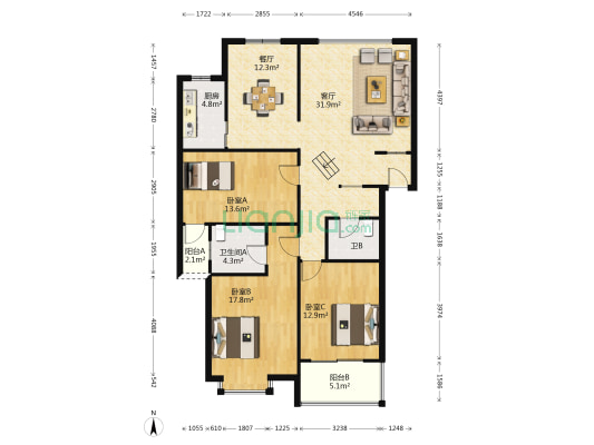 香榭苑 3室2厅2卫 126平方