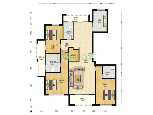 绿城璟园 3室1厅3卫 179平方