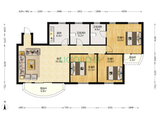 福明苑 3室1厅2卫 125平方