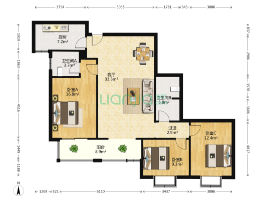 荣华明珠花园 3室1厅2卫 138平方