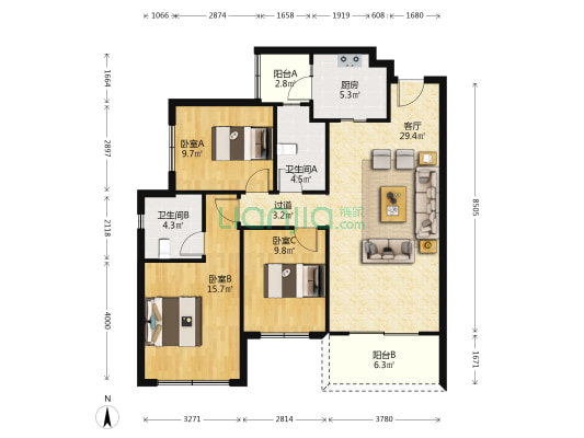 保利时代 3室1厅2卫 115平方